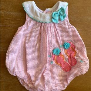 Boutique seersucker summer baby romper with pink stripes and flip flops 3-6 mths